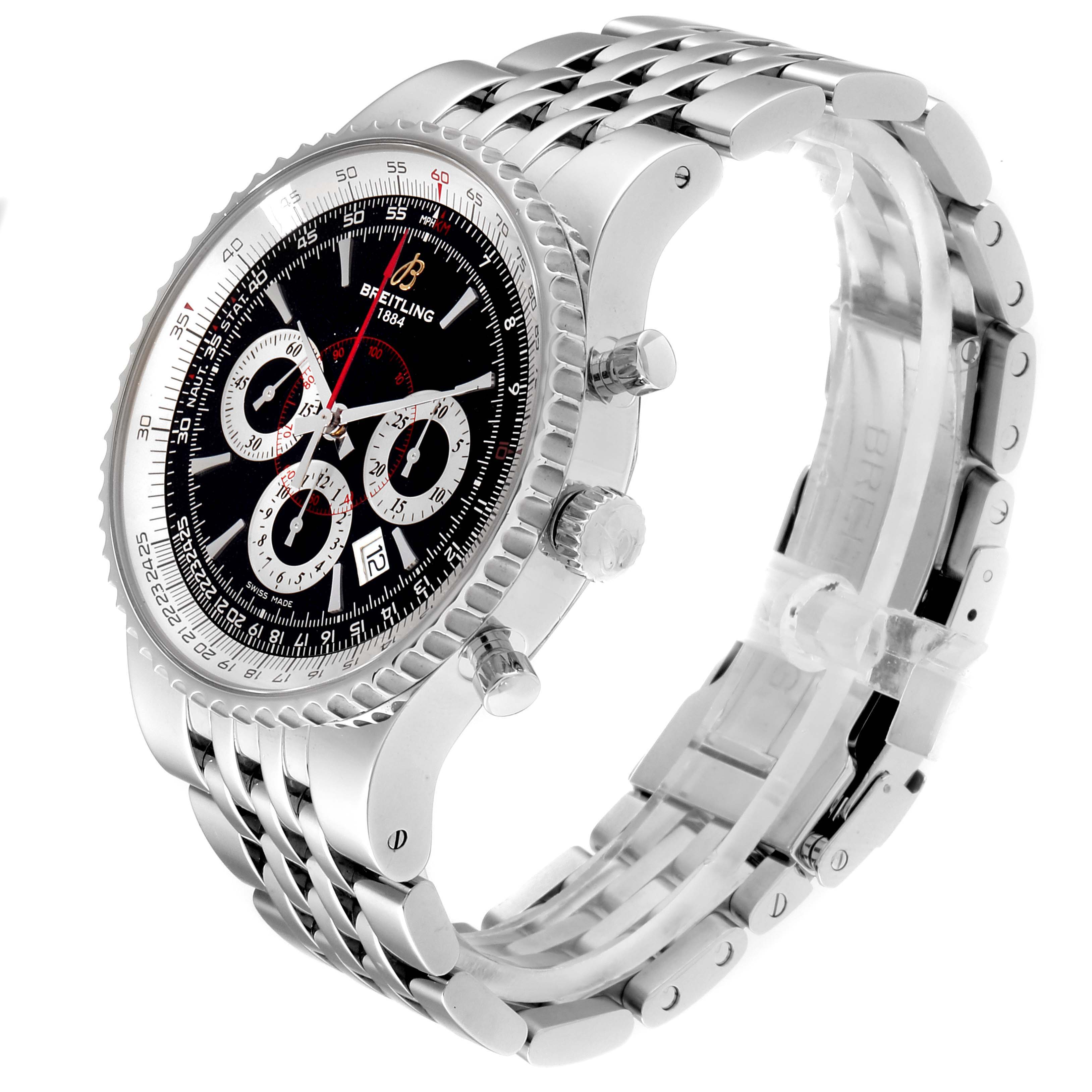 The image shows a side and front angle of the Breitling Transocean A23351 Men's Stainless Steel Black Dial A23351 Men's Stainless Steel Black Dial watch, highlighting its black face, subdials, bezel, and metal link bracelet.