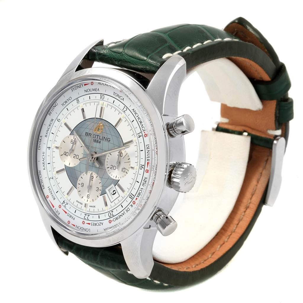 The Breitling Transocean AB0510 Men's Stainless Steel Silver Dial AB0510 Men's Stainless Steel Silver Dial watch is shown at a slight side angle, displaying the face, crown, pushers, and strap.