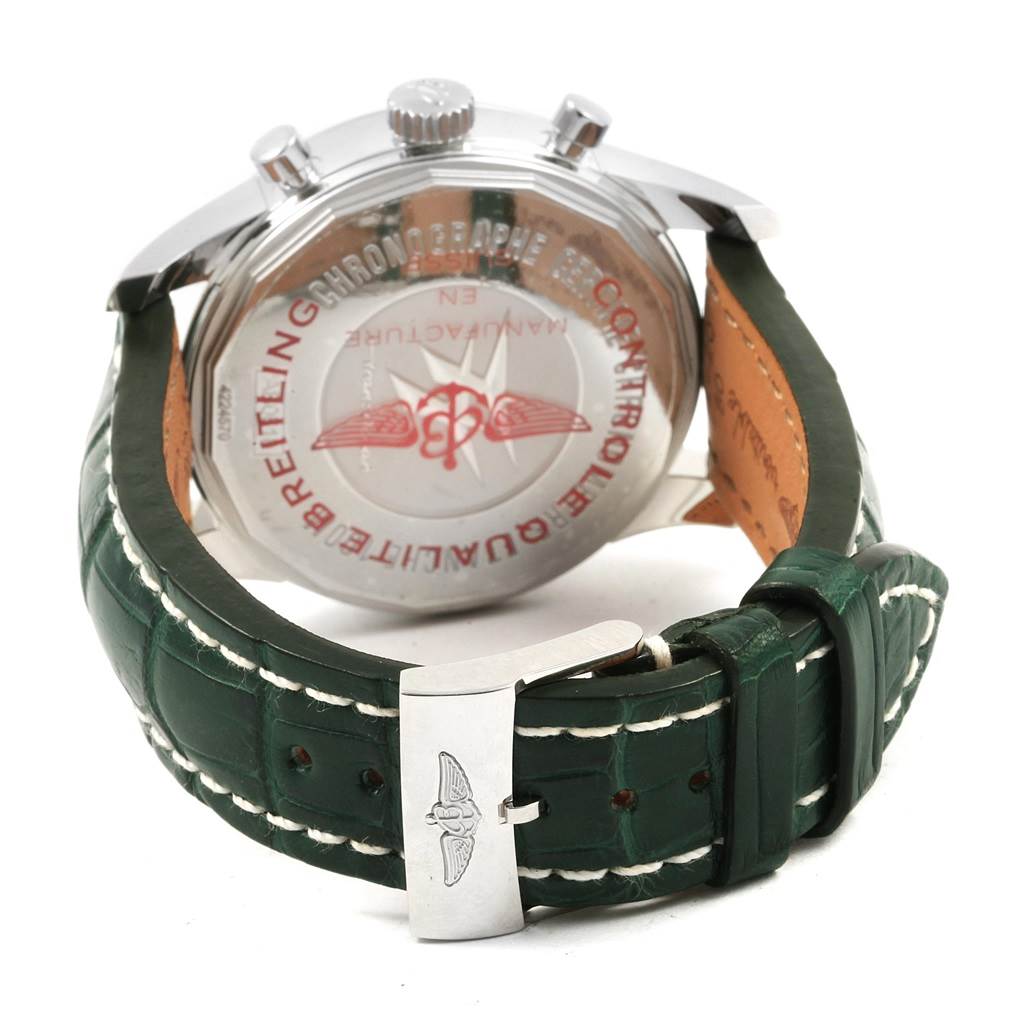 The image shows the back view of the Breitling Transocean AB0510 Men's Stainless Steel Silver Dial AB0510 Men's Stainless Steel Silver Dial watch, highlighting the case back, crown, and green leather strap with a clasp.