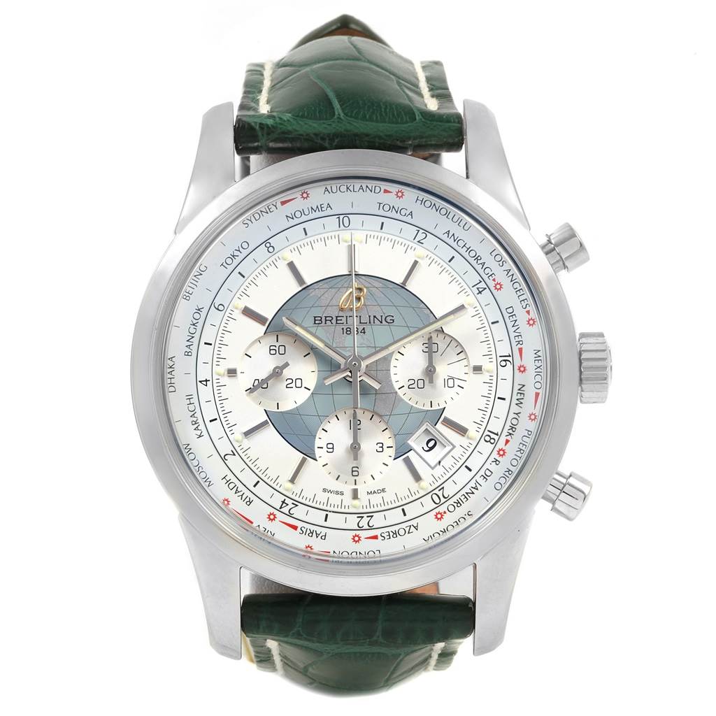 The image shows a front view of a Breitling Transocean AB0510 Men's Stainless Steel Silver Dial AB0510 Men's Stainless Steel Silver Dial watch, detailing its dial, subdials, bezel, and green leather strap.