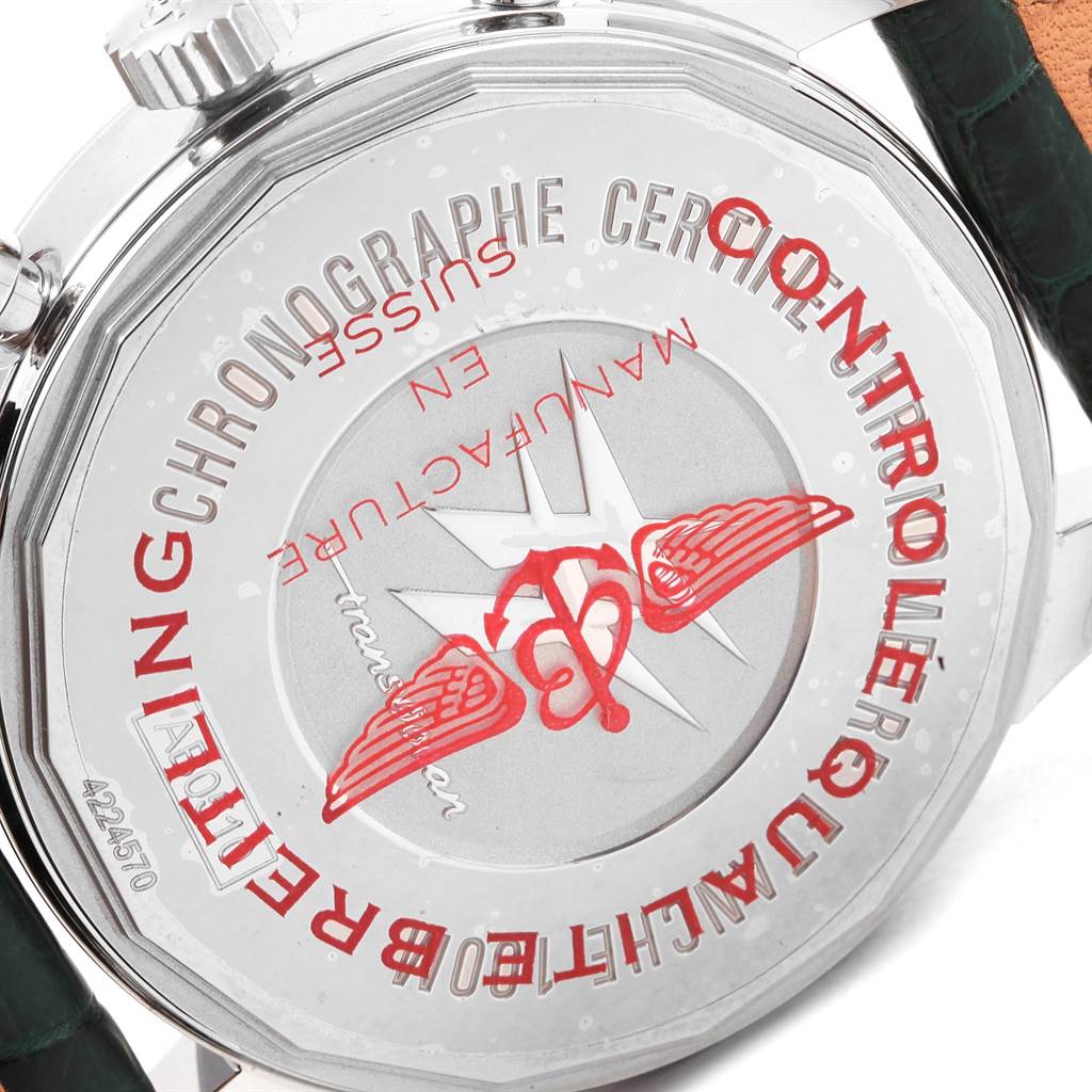 This image shows the back case of the Breitling Transocean AB0510 Men's Stainless Steel Silver Dial AB0510 Men's Stainless Steel Silver Dial watch, displaying its branding and certification markings.