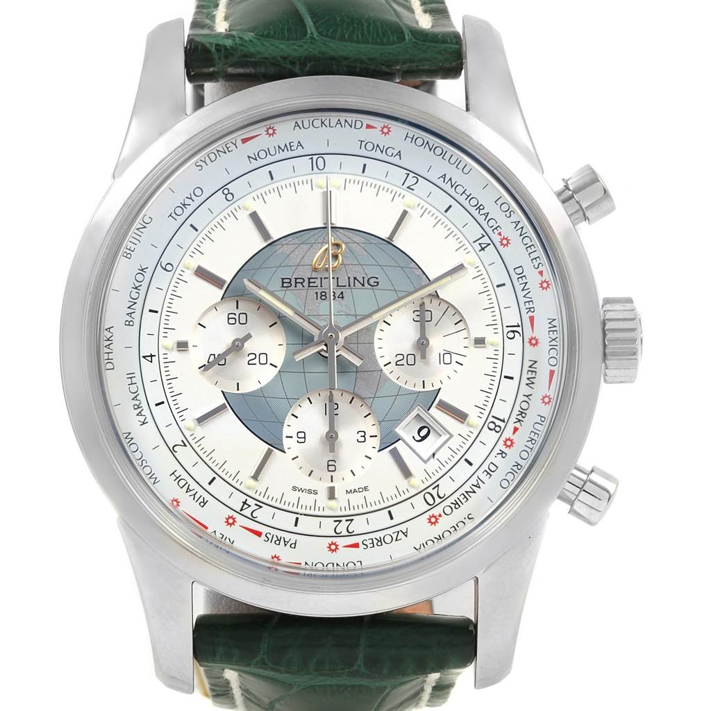 The image shows a front view of a Breitling Transocean AB0510 Men's Stainless Steel Silver Dial AB0510 Men's Stainless Steel Silver Dial watch, highlighting the dial, subdials, time zones, and green strap.