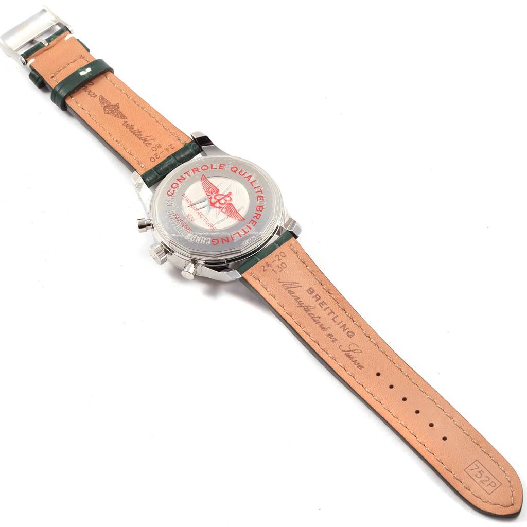 The image shows the back view of a Breitling Transocean AB0510 Men's Stainless Steel Silver Dial AB0510 Men's Stainless Steel Silver Dial watch, highlighting its leather strap and case back with protective cover.