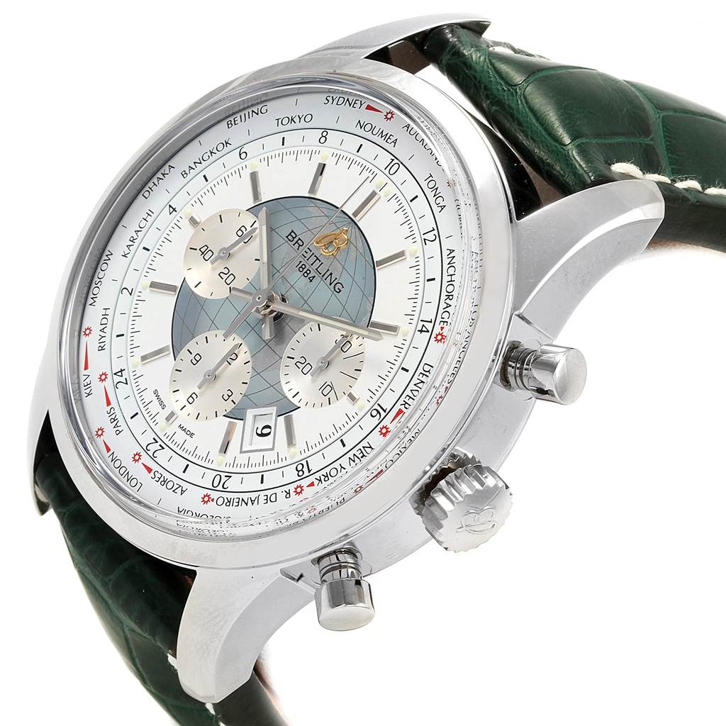 The Breitling Transocean AB0510 Men's Stainless Steel Silver Dial AB0510 Men's Stainless Steel Silver Dial watch is shown at a slightly tilted angle, displaying the face, dial, crown, pushers, and a green leather strap.
