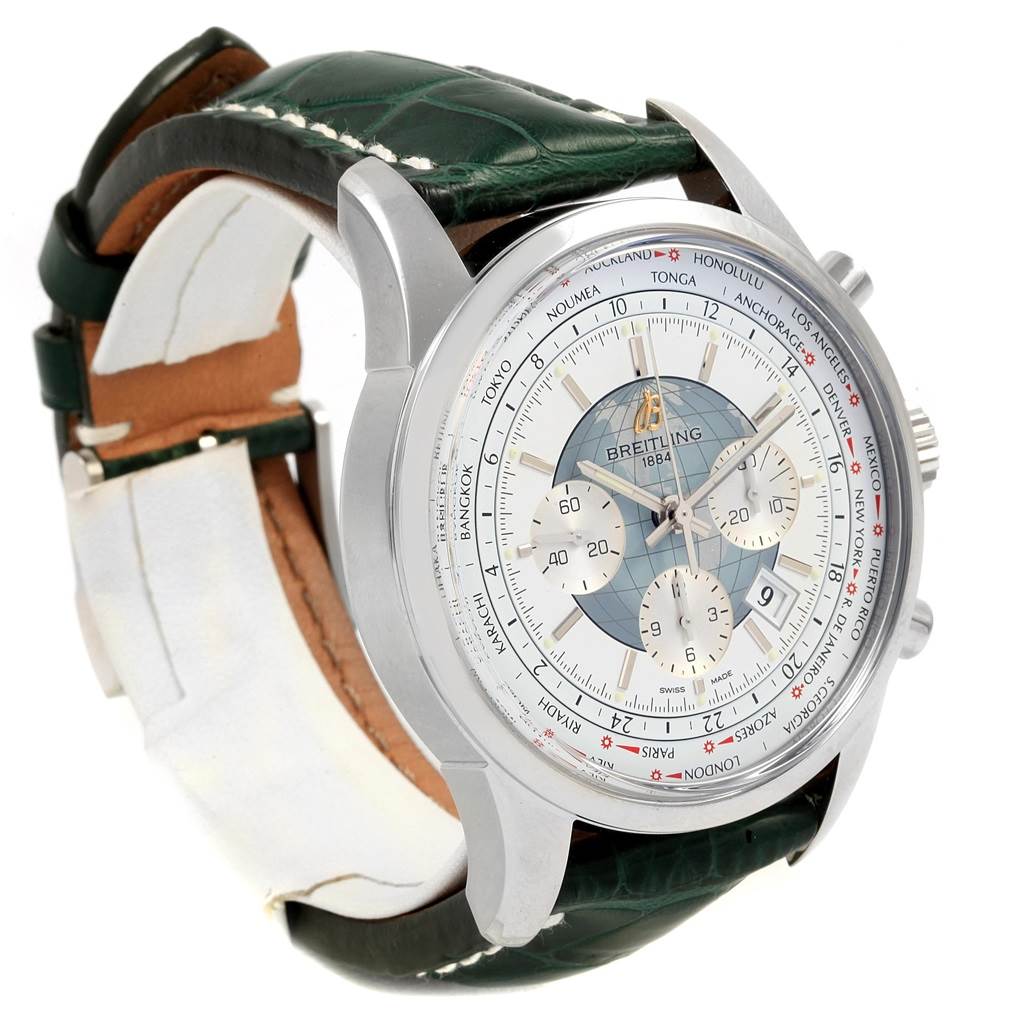 The image shows a side-angle view of a Breitling Transocean AB0510 Men's Stainless Steel Silver Dial AB0510 Men's Stainless Steel Silver Dial watch, highlighting its dial, stainless steel case, and leather strap.