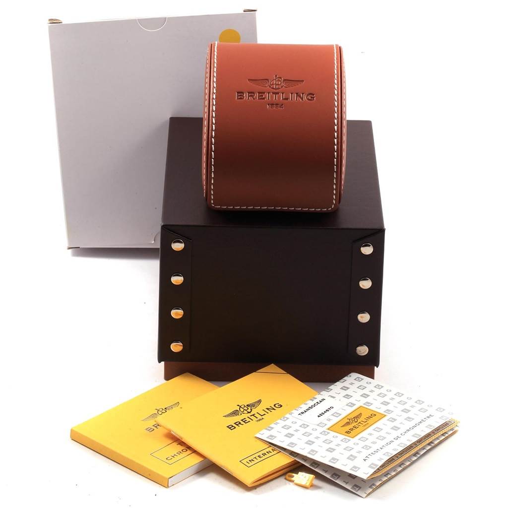 The image shows the box, leather case, and accompanying manuals for the Breitling Transocean AB0510 Men's Stainless Steel Silver Dial AB0510 Men's Stainless Steel Silver Dial watch.