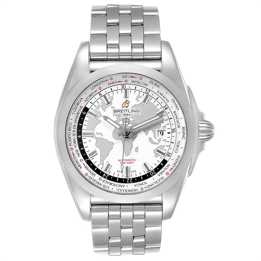 The image shows a frontal view of the Breitling Galactic WB3510 Men's Stainless Steel White Dial WB3510 Men's Stainless Steel White Dial model watch, featuring its face, bezel, and stainless steel bracelet.