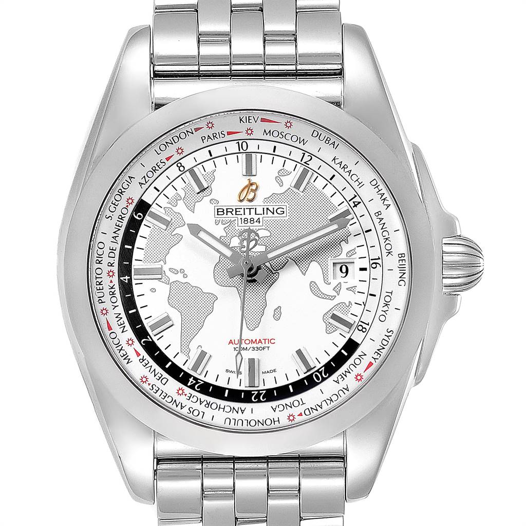 The image shows a front view of the dial and bracelet of the Breitling Galactic WB3510 Men's Stainless Steel White Dial WB3510 Men's Stainless Steel White Dial watch.