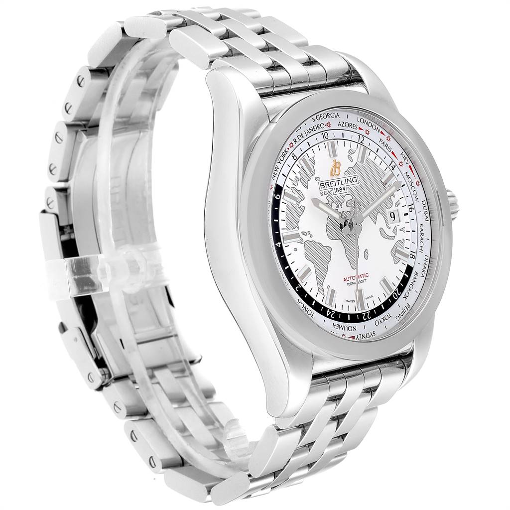 The Breitling Galactic WB3510 Men's Stainless Steel White Dial WB3510 Men's Stainless Steel White Dial watch is shown at a three-quarter angle, highlighting the face, bezel, and metal bracelet.