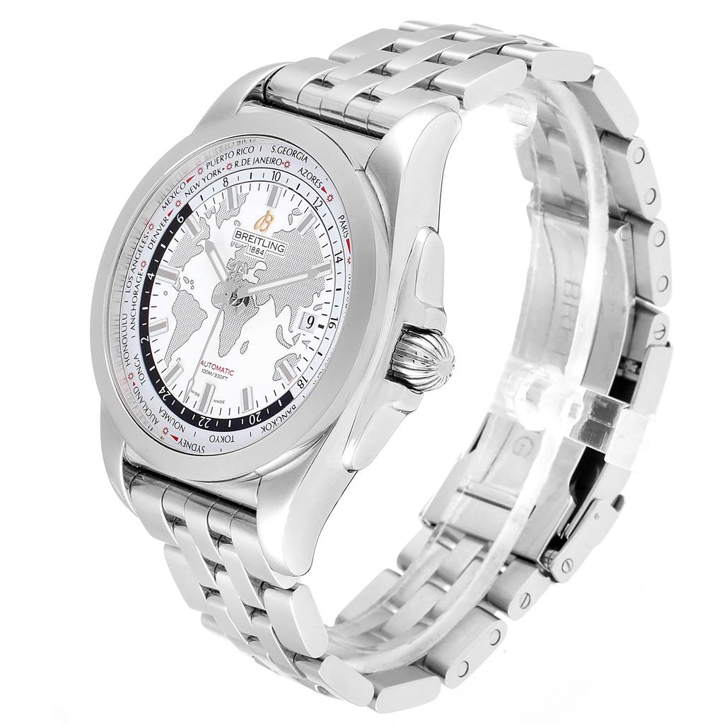 The Breitling Galactic WB3510 Men's Stainless Steel White Dial WB3510 Men's Stainless Steel White Dial watch is shown in a side angle highlighting the face, bracelet, clasp, and crown.