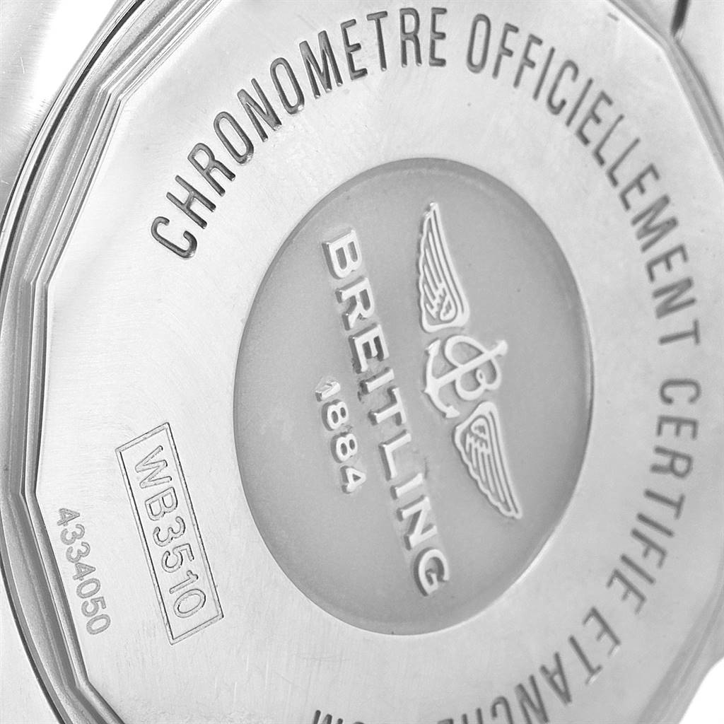 This is a close-up view of the case back of the Breitling Galactic WB3510 Men's Stainless Steel White Dial WB3510 Men's Stainless Steel White Dial watch, showing the model details and brand engraving.