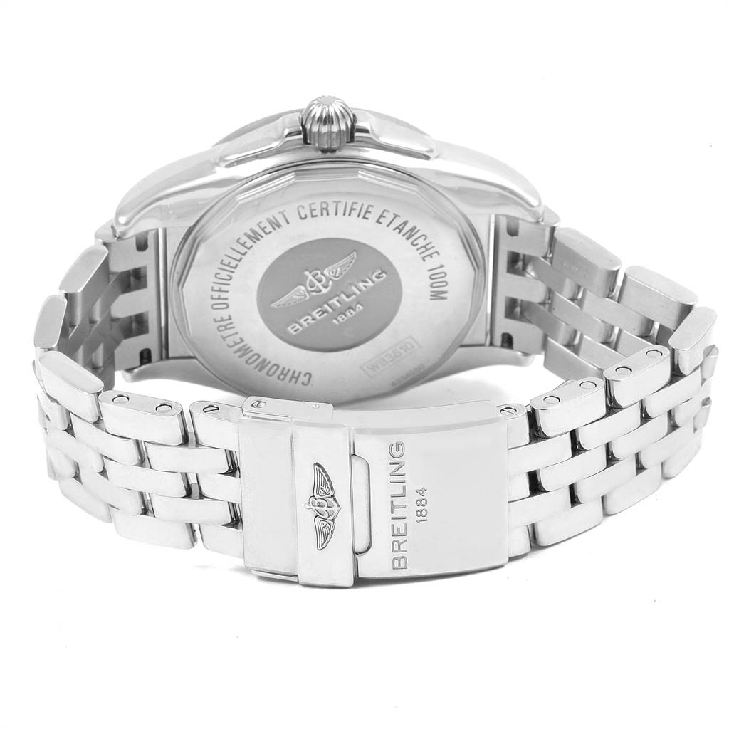 The image shows the back view of a Breitling Galactic WB3510 Men's Stainless Steel White Dial WB3510 Men's Stainless Steel White Dial model, highlighting the bracelet and clasp.