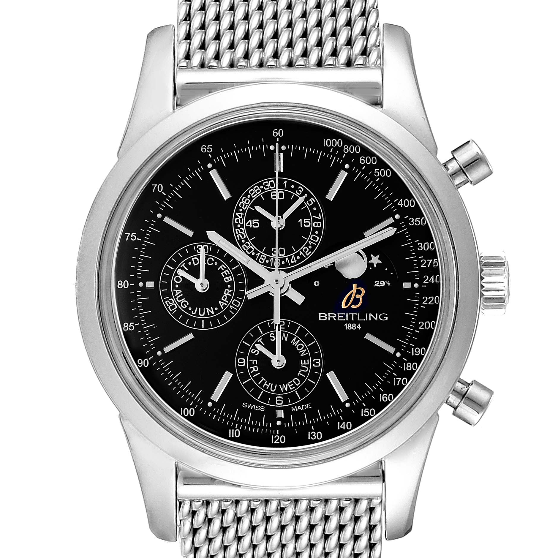 The image shows a Breitling Transocean A19310 Men
s Stainless Steel Black Dial A19310 Men
s Stainless Steel Black Dial watch from a front angle, highlighting its dial, mesh strap, crown, and chronograph sub-dials.
