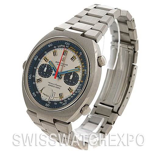 This image shows a side view of the Breitling Transocean 2129 Men's Stainless Steel Silver Dial 2129 Men's Stainless Steel Silver Dial watch, highlighting the watch face, bezel, and metal bracelet.