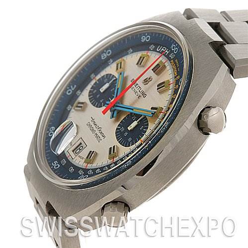 This image shows a side angle of the Breitling Transocean 2129 Men's Stainless Steel Silver Dial 2129 Men's Stainless Steel Silver Dial watch, featuring the watch face, bezel, and part of the bracelet.