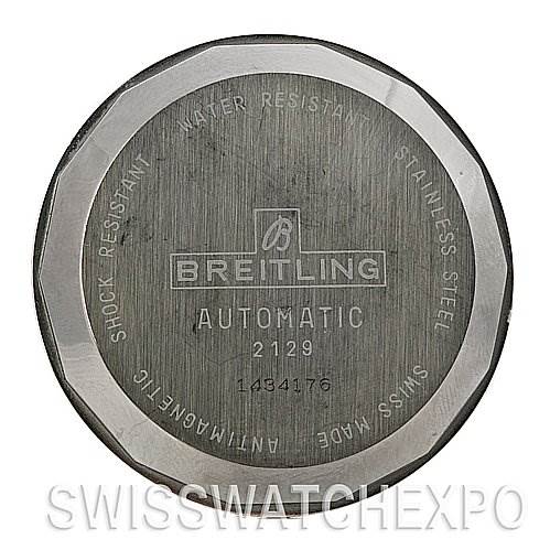 The image shows the back case of a Breitling Transocean 2129 Men's Stainless Steel Silver Dial 2129 Men's Stainless Steel Silver Dial watch, displaying brand markings and specifications.