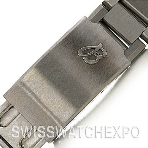 This image shows a close-up of the stainless steel clasp on the Breitling Transocean 2129 Men's Stainless Steel Silver Dial 2129 Men's Stainless Steel Silver Dial watch.