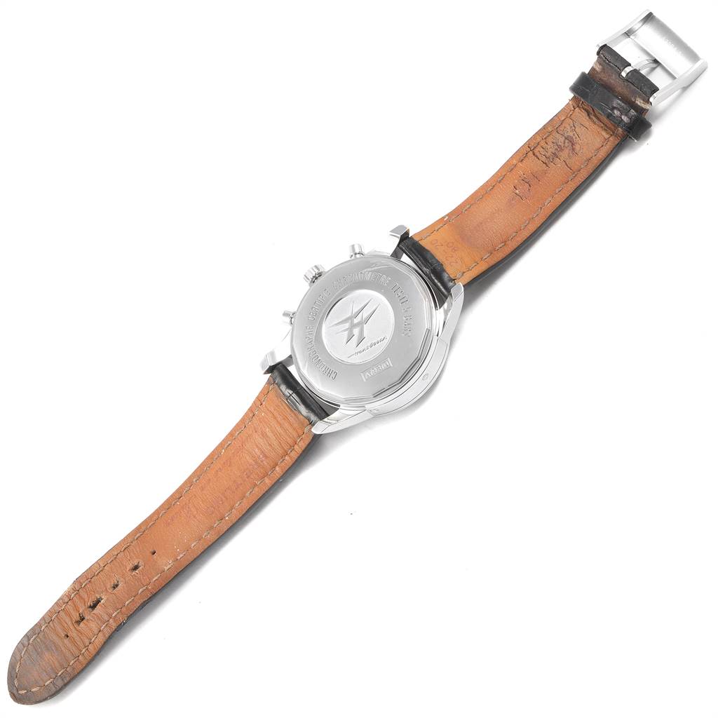 The image shows the back view of a Breitling Transocean A19310 Men's Stainless Steel Black Dial A19310 Men's Stainless Steel Black Dial watch, highlighting the case back and leather strap.