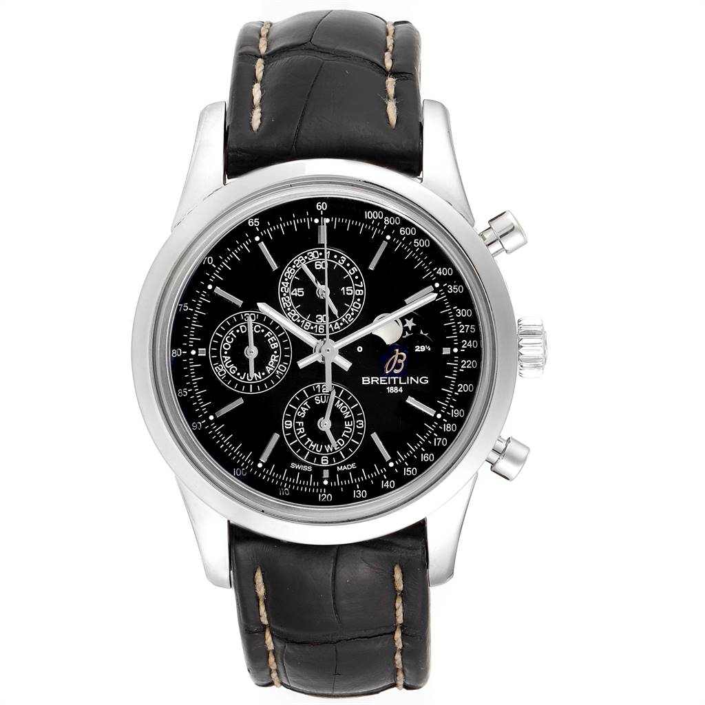 The image shows a front view of the Breitling Transocean A19310 Men's Stainless Steel Black Dial A19310 Men's Stainless Steel Black Dial watch, displaying its black dial, chronograph subdials, and leather strap.