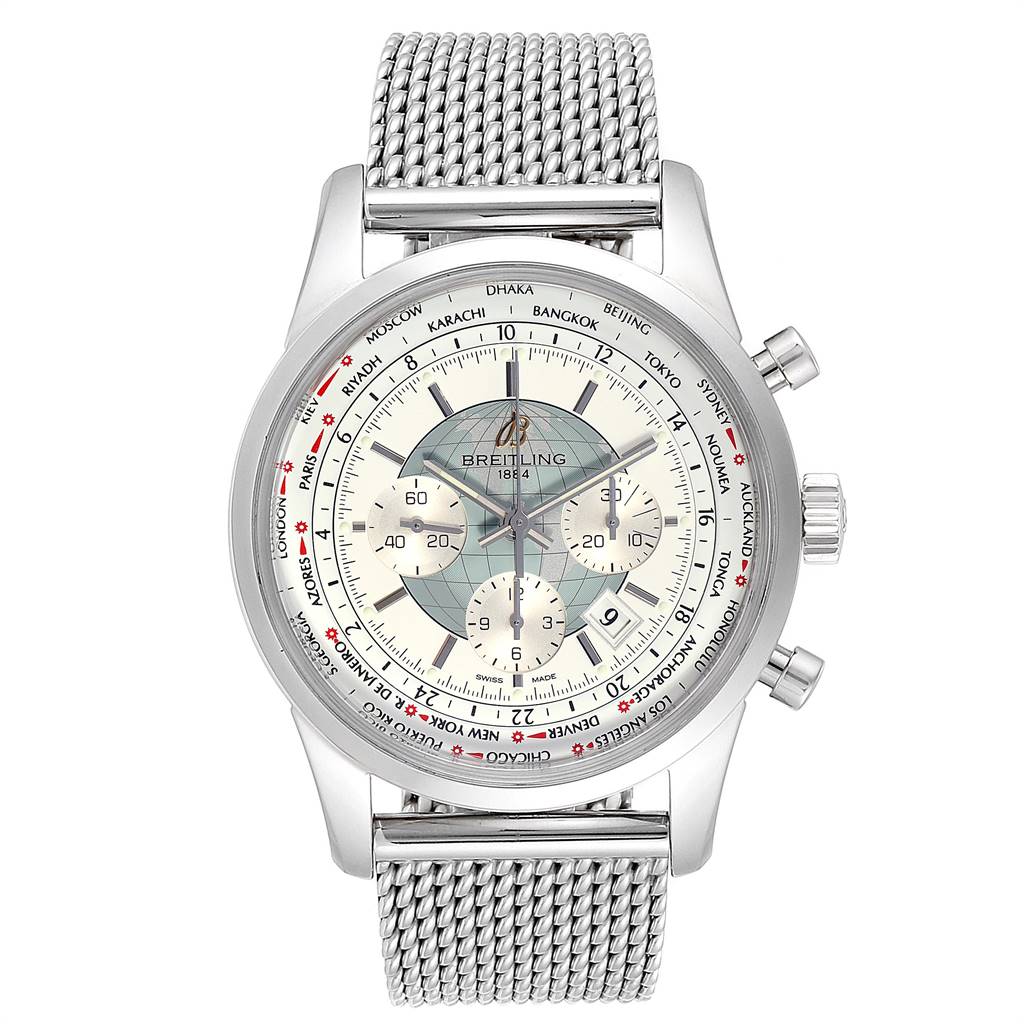The image shows a front view of a Breitling Transocean AB0510 Men's Stainless Steel Silver Dial AB0510 Men's Stainless Steel Silver Dial watch, highlighting the dial, subdials, crown, and mesh strap.