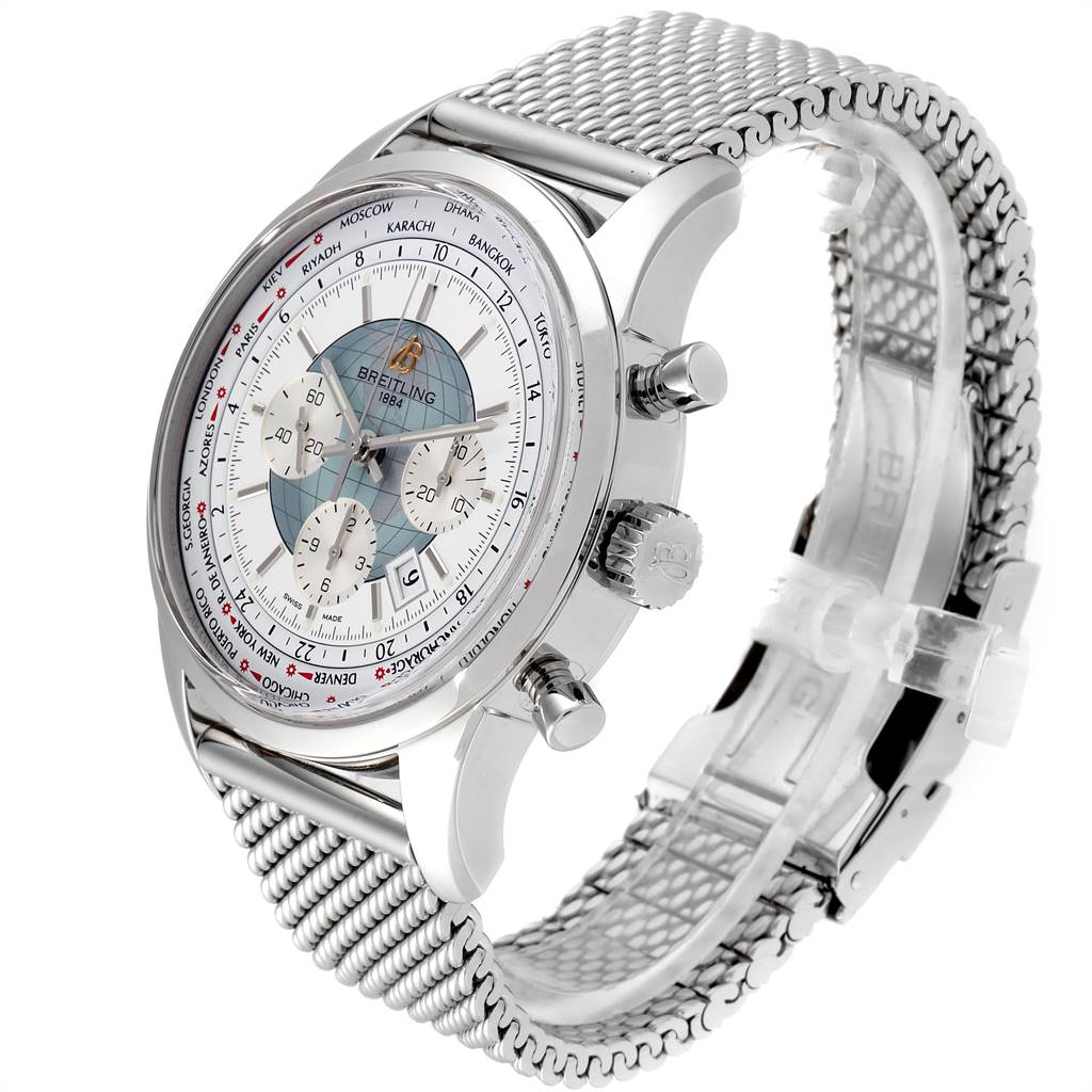The image shows a side-angle view of the Breitling Transocean AB0510 Men's Stainless Steel Silver Dial AB0510 Men's Stainless Steel Silver Dial watch, highlighting its mesh bracelet, dial, and push buttons.