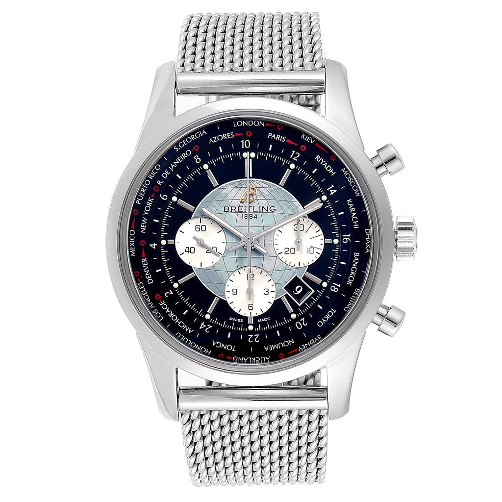 The Breitling Transocean AB0510 Men's Stainless Steel Silver Dial AB0510 Men's Stainless Steel Silver Dial watch is shown from a top-down angle, displaying the face, mesh strap, and chronograph functions.