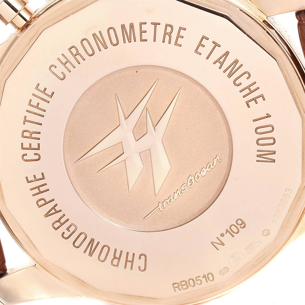 This image shows the back cover of the Breitling Transocean RB0510U4-BB63BKLD Men's Rose Gold Black Dial RB0510U4-BB63BKLD Men's Rose Gold Black Dial watch.