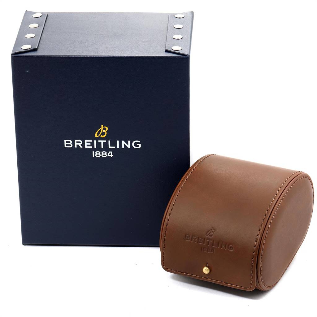 The image shows the box and leather travel case for a Breitling Transocean RB0510U4-BB63BKLD Men's Rose Gold Black Dial RB0510U4-BB63BKLD Men's Rose Gold Black Dial watch.
