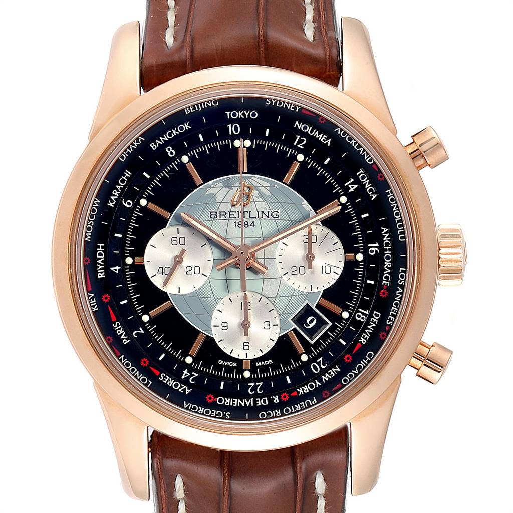 This image shows a front view of a Breitling Transocean RB0510U4-BB63BKLD Men's Rose Gold Black Dial RB0510U4-BB63BKLD Men's Rose Gold Black Dial watch, displaying its dial, chronograph subdials, and leather strap.
