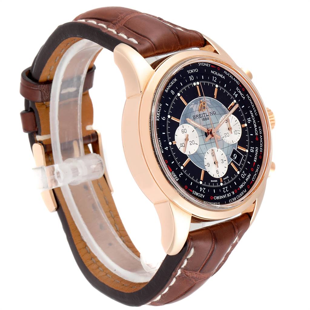 The image shows a side angle of the Breitling Transocean RB0510U4-BB63BKLD Men's Rose Gold Black Dial RB0510U4-BB63BKLD Men's Rose Gold Black Dial watch, highlighting its case, dial, and leather strap.