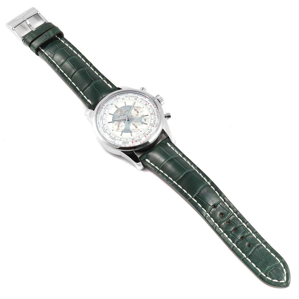 The image shows a top view of a Breitling Transocean AB0510 Men's Stainless Steel Silver Dial AB0510 Men's Stainless Steel Silver Dial watch, highlighting its green leather strap and detailed dial.
