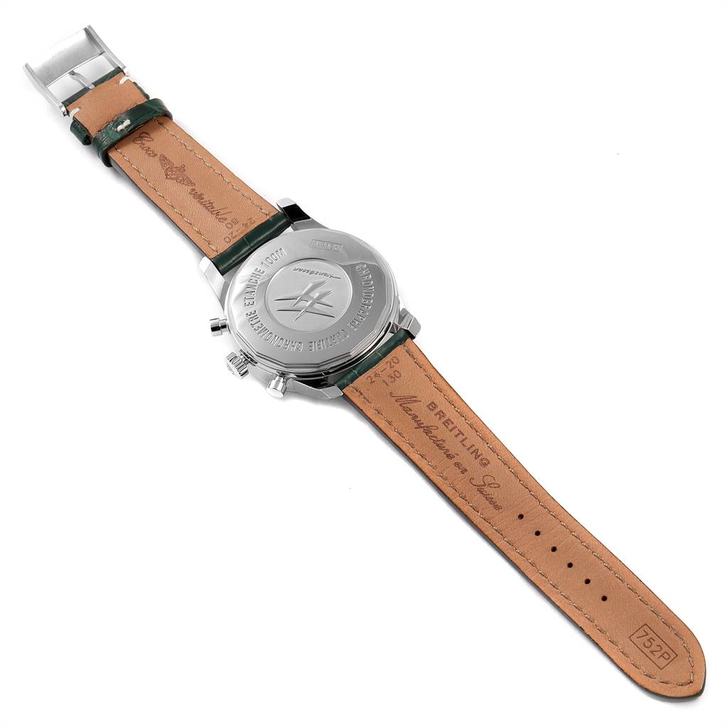 The image shows the back view of a Breitling Transocean AB0510 Men's Stainless Steel Silver Dial AB0510 Men's Stainless Steel Silver Dial watch, including its case back and brown leather strap.