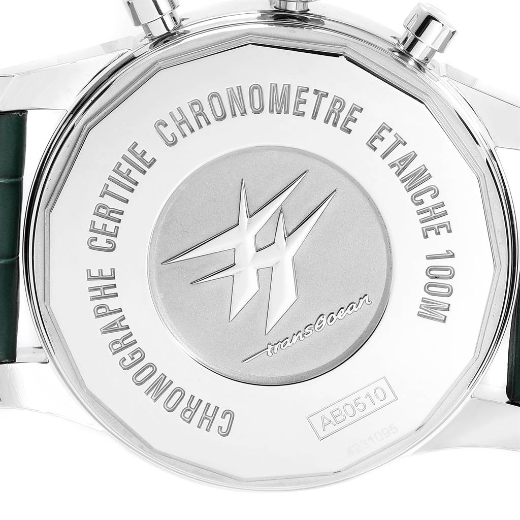 This image shows the back case of a Breitling Transocean AB0510 Men's Stainless Steel Silver Dial AB0510 Men's Stainless Steel Silver Dial watch, highlighting its branding and water resistance.