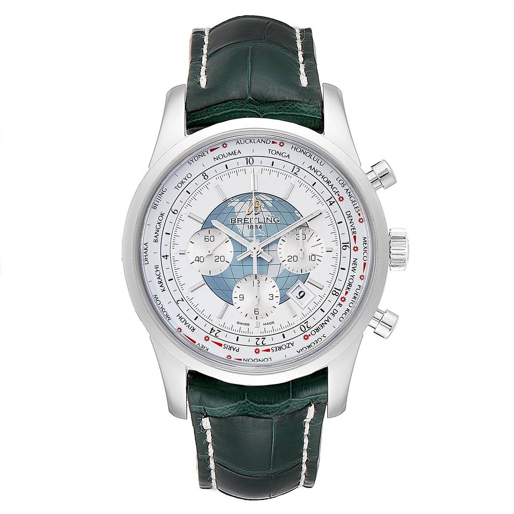 The image shows a frontal view of a Breitling Transocean AB0510 Men's Stainless Steel Silver Dial AB0510 Men's Stainless Steel Silver Dial watch, highlighting the dial, bezel, case, and leather strap.