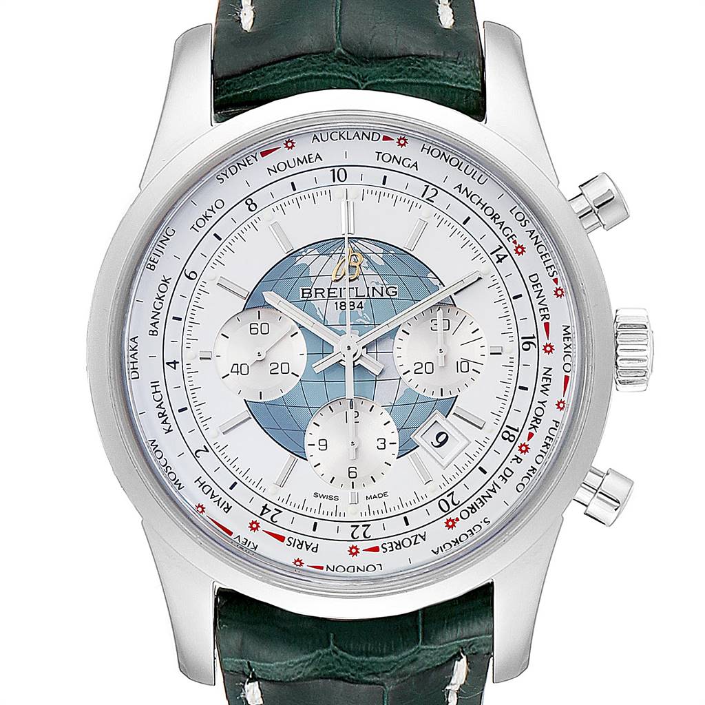 This image shows a front view of the Breitling Transocean AB0510 Men's Stainless Steel Silver Dial AB0510 Men's Stainless Steel Silver Dial watch, highlighting the dial, subdials, and outer ring with cities.