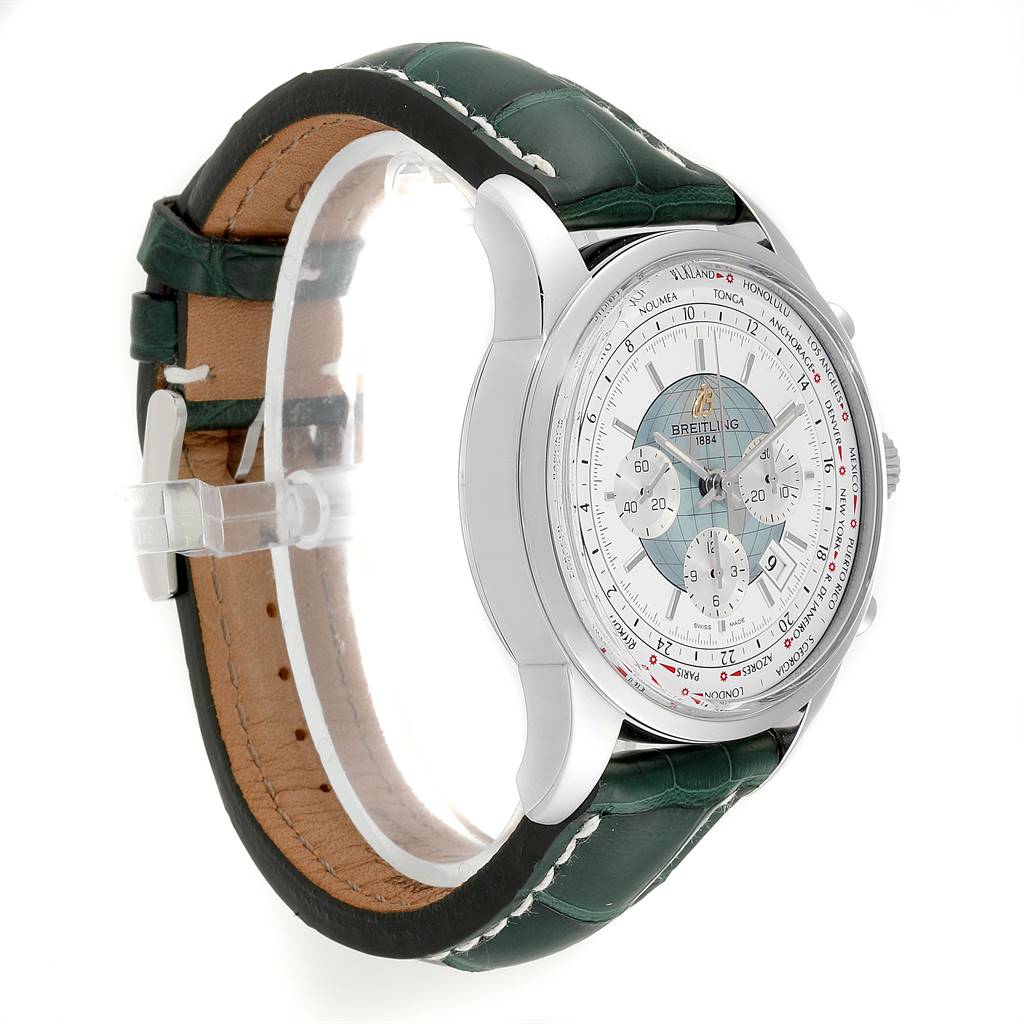 The image shows a Breitling Transocean AB0510 Men's Stainless Steel Silver Dial AB0510 Men's Stainless Steel Silver Dial watch at a side angle, highlighting the watch face, leather strap, and the stitching details.