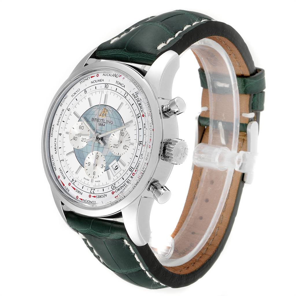 The Breitling Transocean AB0510 Men's Stainless Steel Silver Dial AB0510 Men's Stainless Steel Silver Dial model watch is angled from the front-right, displaying the face, crown, pushers, and leather strap.