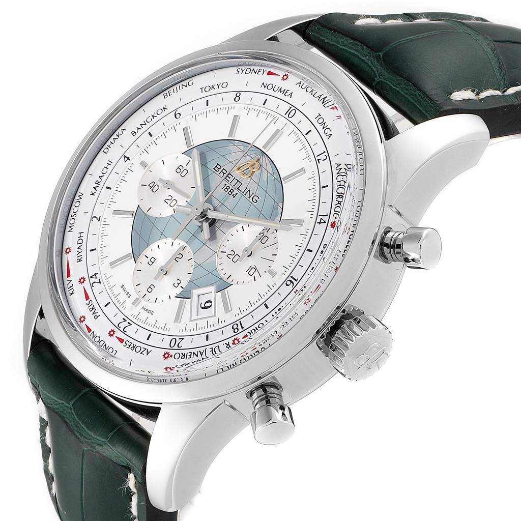 The image shows a Breitling Transocean AB0510 Men's Stainless Steel Silver Dial AB0510 Men's Stainless Steel Silver Dial model watch at an angled view, highlighting the face, bezel, and pushers.