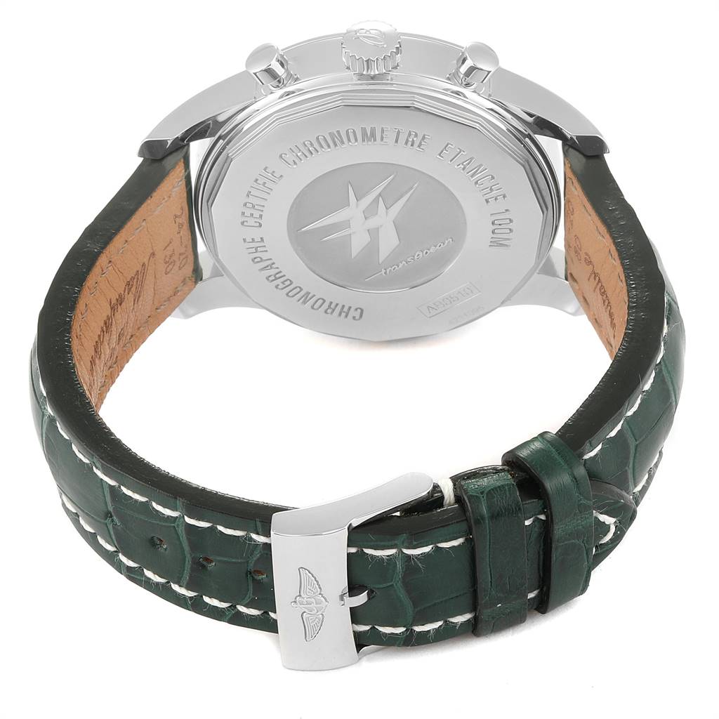 The image shows the back view of the Breitling Transocean AB0510 Men's Stainless Steel Silver Dial AB0510 Men's Stainless Steel Silver Dial watch, highlighting the case back and green leather strap with a buckle.