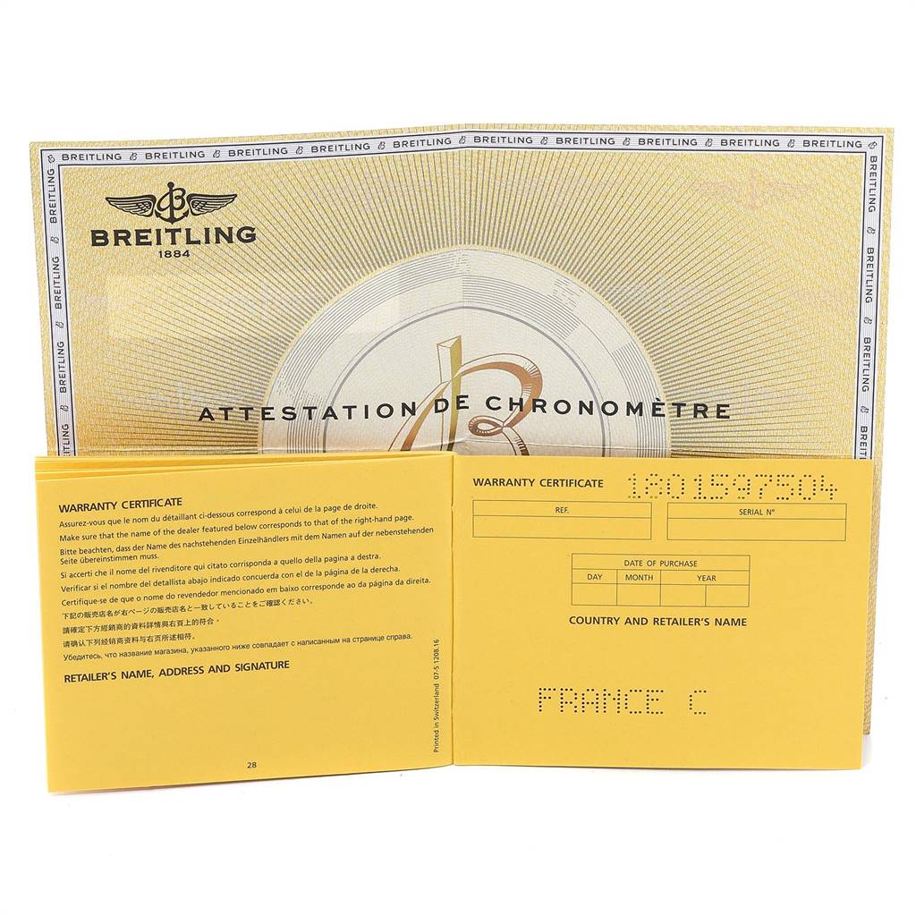 This image shows the warranty certificate and chronometer certificate for a Breitling Transocean AB0510 Men's Stainless Steel Silver Dial AB0510 Men's Stainless Steel Silver Dial watch.