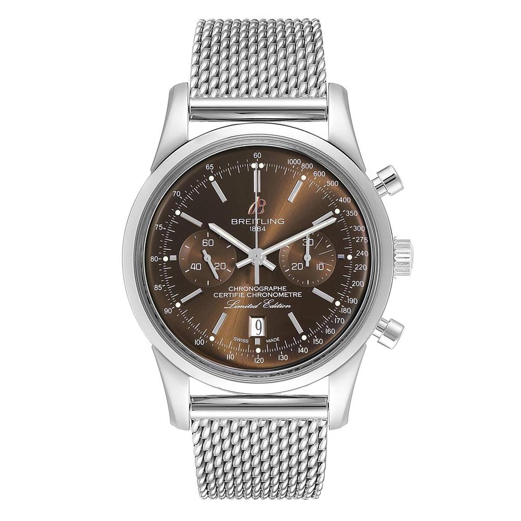 The image shows a Breitling Transocean AB015212/BA99/154A Men's Stainless Steel Brown Dial AB015212/BA99/154A Men's Stainless Steel Brown Dial watch from a front angle, featuring a brown dial and a metal mesh bracelet.