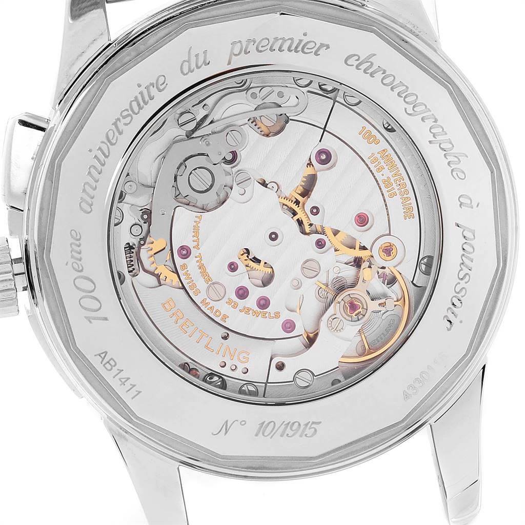 This image shows the back case and inner mechanical movement of a Breitling Transocean AB141112/G799-154A Men's Stainless Steel Silver Dial AB141112/G799-154A Men's Stainless Steel Silver Dial watch viewed from the rear.