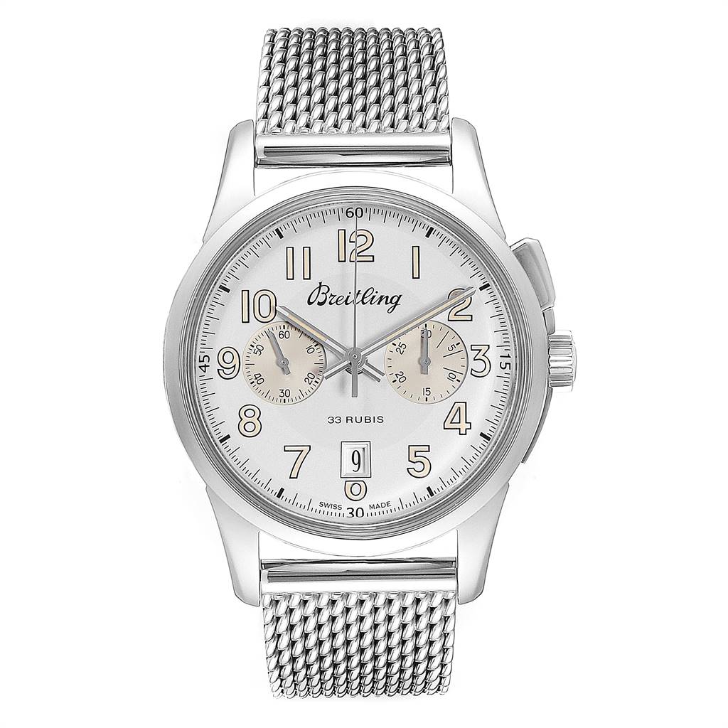 The image shows a front view of the Breitling Transocean AB141112/G799-154A Men's Stainless Steel Silver Dial AB141112/G799-154A Men's Stainless Steel Silver Dial watch featuring its mesh band, dial, and crown.