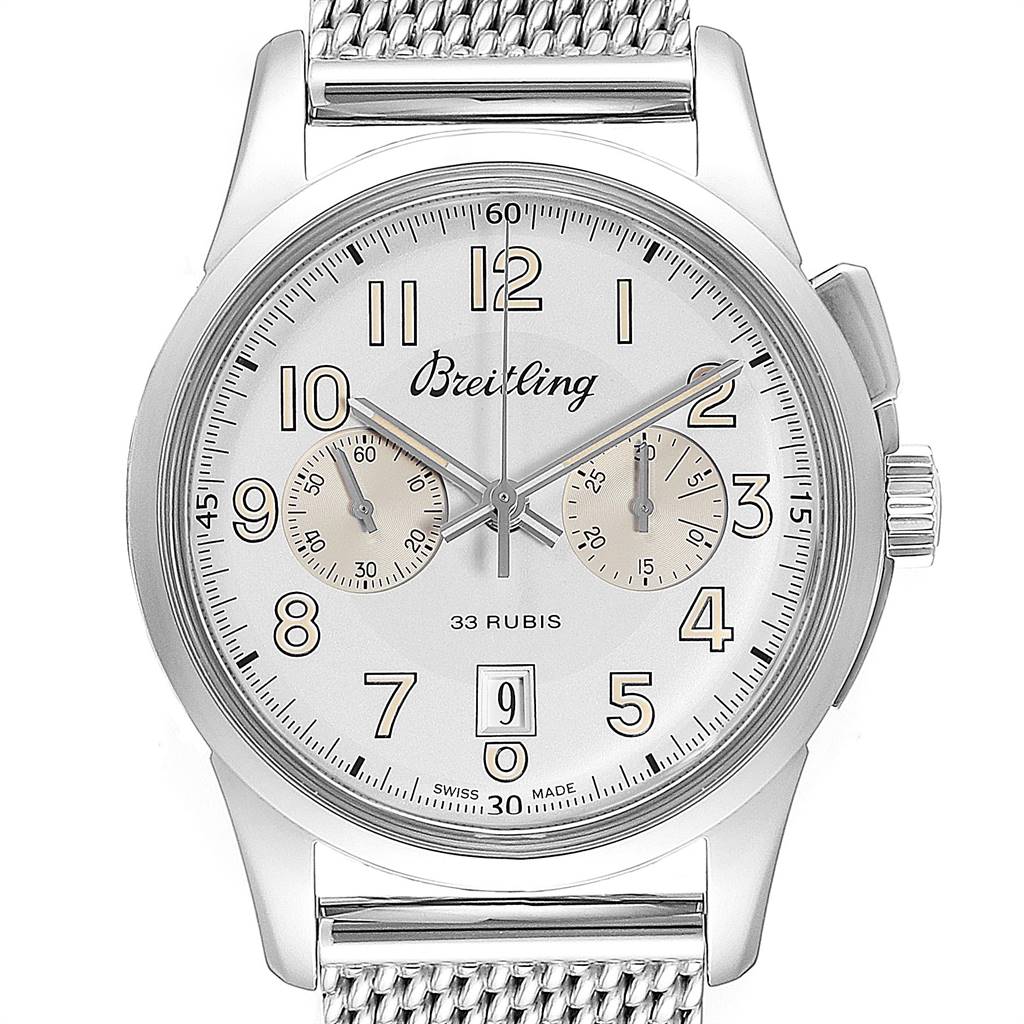 The image shows a front view of the Breitling Transocean AB141112/G799-154A Men's Stainless Steel Silver Dial AB141112/G799-154A Men's Stainless Steel Silver Dial watch, displaying its dial, hands, sub-dials, and a portion of the metal bracelet.