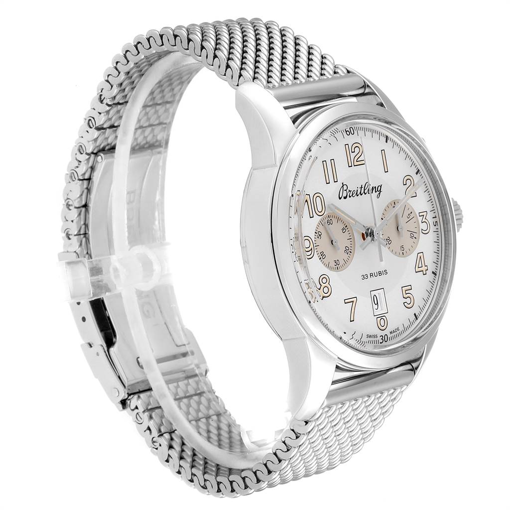 The image shows a side angle of the Breitling Transocean AB141112/G799-154A Men's Stainless Steel Silver Dial AB141112/G799-154A Men's Stainless Steel Silver Dial watch, highlighting the face, bezel, and metal strap.