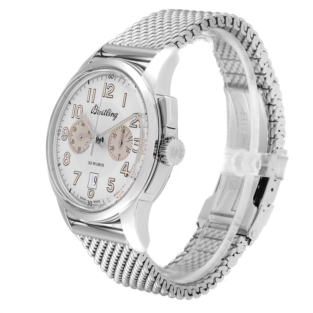 The image shows a Breitling Transocean AB141112/G799-154A Men's Stainless Steel Silver Dial AB141112/G799-154A Men's Stainless Steel Silver Dial watch at a 3/4 angle, highlighting the face, crown, and metal strap.