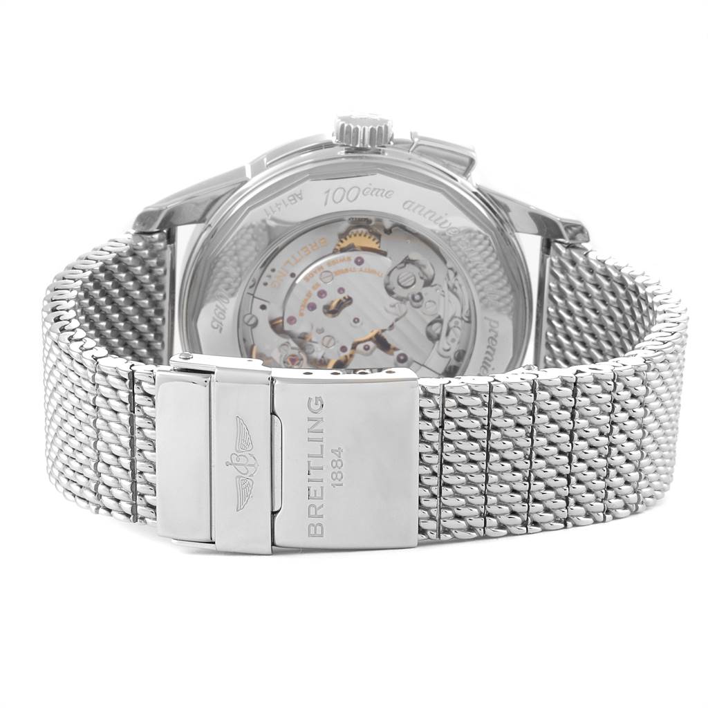 The image shows the back view of a Breitling Transocean AB141112/G799-154A Men's Stainless Steel Silver Dial AB141112/G799-154A Men's Stainless Steel Silver Dial watch, highlighting the movement and the metal bracelet with the Breitling logo on the clasp.