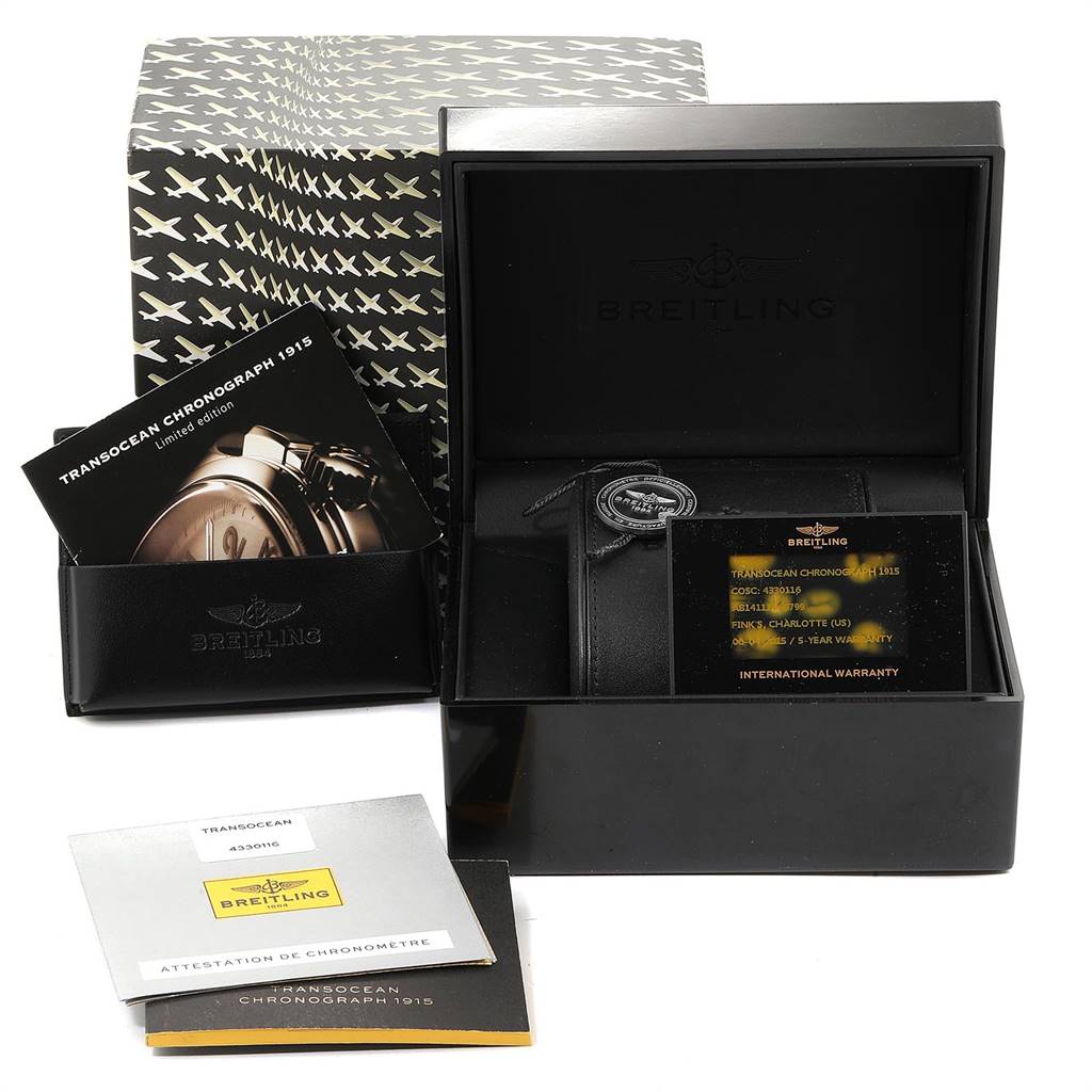 The image shows the Breitling Transocean AB141112/G799-154A Men's Stainless Steel Silver Dial AB141112/G799-154A Men's Stainless Steel Silver Dial watch box, warranty card, manuals, and outer packaging.