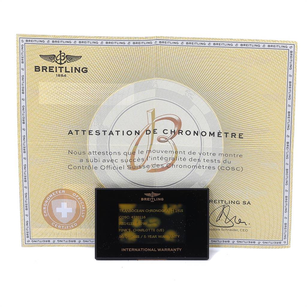 The image shows the chronometer certificate and international warranty card for the Breitling Transocean AB141112/G799-154A Men's Stainless Steel Silver Dial AB141112/G799-154A Men's Stainless Steel Silver Dial model.