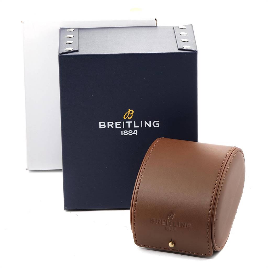 The image shows the packaging box and leather case for the Breitling Transocean RB0152 Men's Rose Gold Silver Dial RB0152 Men's Rose Gold Silver Dial watch.
